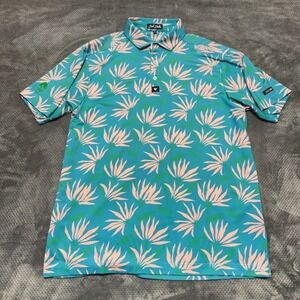Bad Birdie Tranquilo Mens Golf Polo Shirt Teal Pink Floral Short Sleeve Size M